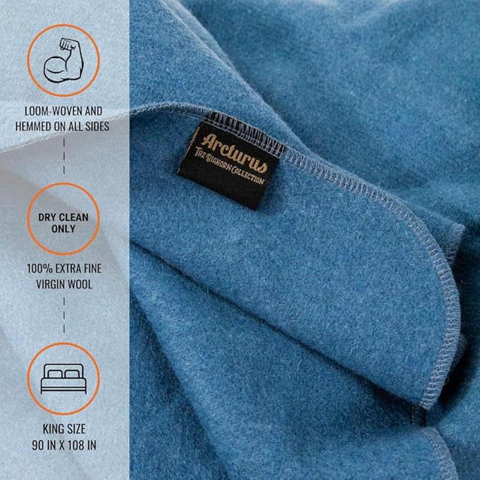 Arcturus Bighorn 100% Virgin Wool Blanket | Heirloom-Quality Wool Bedding for Home & Cabin | Warm, Thick & Durable (King Size, Steel Blue)