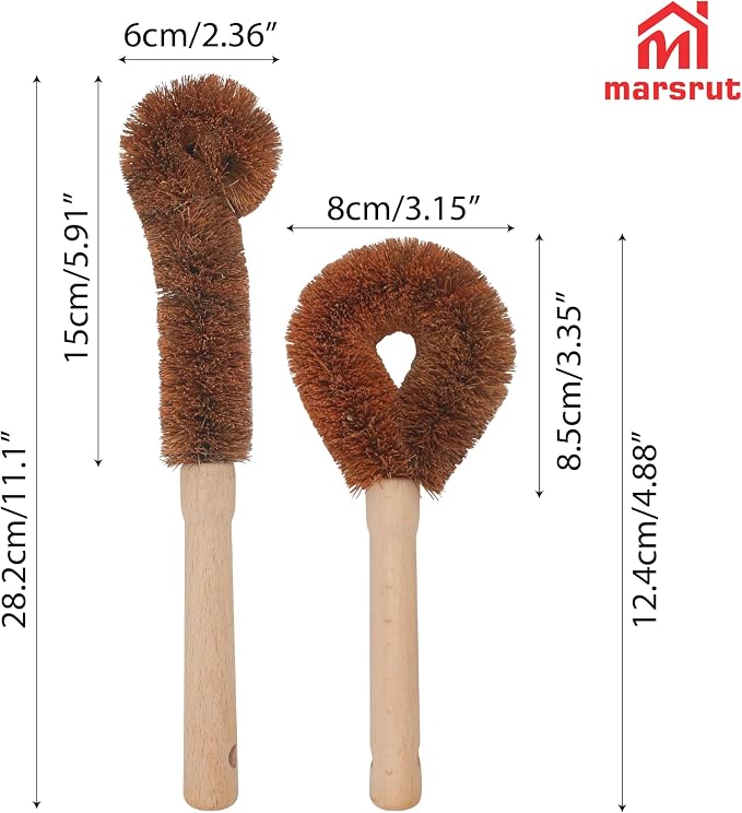2pcs Coconut Fiber Bottle Brush, Bottle Cleaner Dish Scrubber, Eco Friendly Natural Wooden Cleaning Scrub Bristle Head for Deep Pan Kitchen Dishes Vegetable Washing, Sturdy Handle Holder, Dark Brown