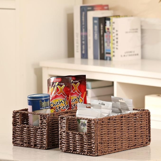 Vagusicc Wicker Storage Basket, Set of 2 Hand-Woven Paper Rope Wicker Basket, Small Storage Baskets for Organizing Toilet Paper, Foldable Large Cube Storage Organizer Bins for Shelves (Brown)