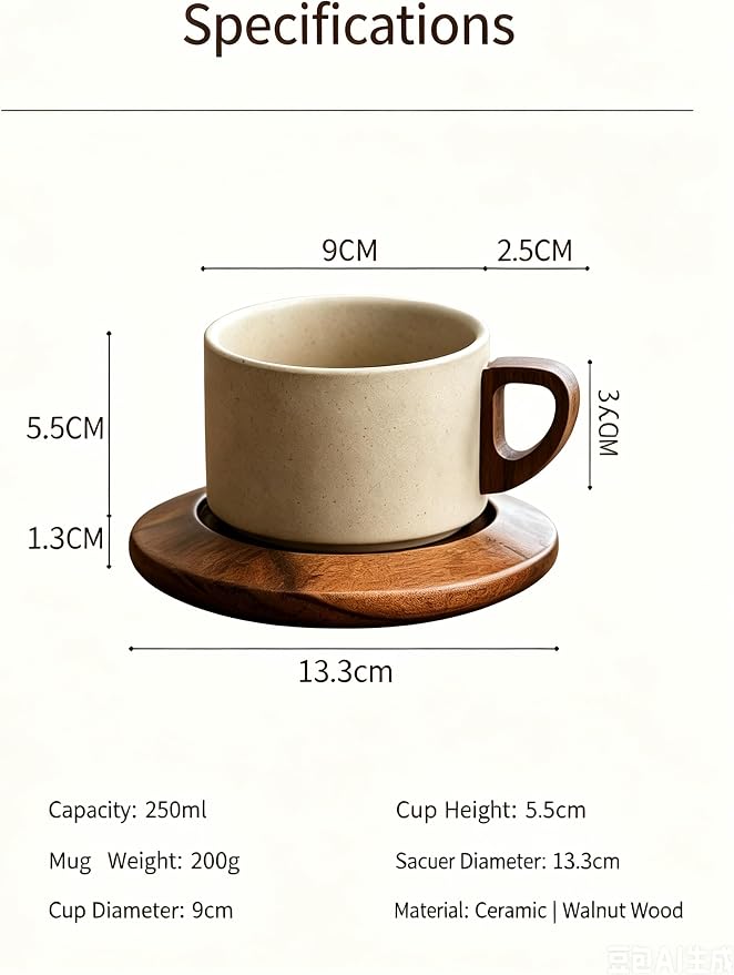 Rustic Matte Clay Coffee Mug with Hollow Walnut Wood Handle & Wooden Saucer, 250ml Handmade Rough Ceramic Latte Espresso Cup, 200g Single Cup Set, Japanese Vintage Drinkware for Home Office & Gift