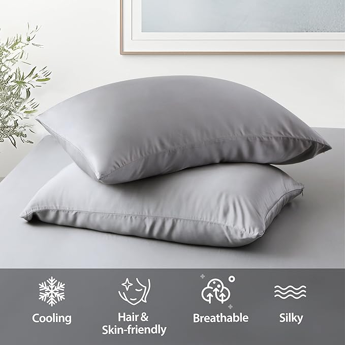2 Pack Cooling Pillow Cases,Viscose Derived from Bamboo Pillow Protectors Standard Size Set of 2, 400 Thread Count Soft Silky Breathable Summer Pillow Cover with Zipper Hidden (2PCS, Gray, Standard)