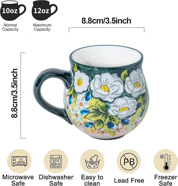 ALMA 12oz Handmade Floral Ceramic Coffee Mug | Microwave & Dishwasher Safe, Dining & Espresso Use, Travel Friendly, Vintage Rustic Lovers, Gift for Daughters