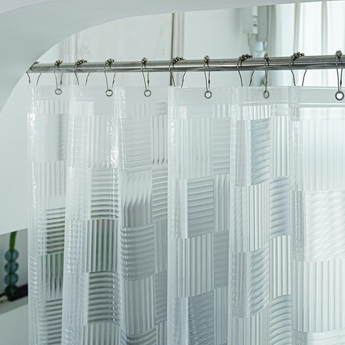 74 Inch Shower Curtain Liner Long with Desigh, EVA Vinyl Heavy Duty Textured Transparent Waterproof 72x74 Shower Curtains for Bathroom with 3 Large Magnets, 3D Geometric, 72 x 74