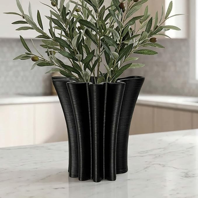 Contemporary Black Ceramic Vase, Abstract Irregular Shape Sculptural Accent for Home Decor, Modern Artistic Centerpiece for Coffee Table or Bookshelf