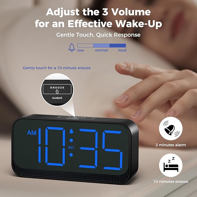 Acedeck Battery Operated Digital Clock: Cordless Small Alarm Clock for Bedroom Travel - Large Numbers 4 Dimmers for All Ages Blue Digits