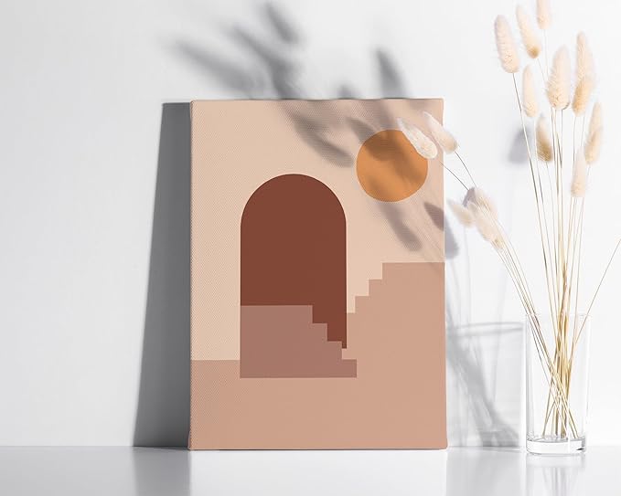 Abstract Architecture Wrapped Canvas Wall Art Archway Stairs Sun Geometric Earth Tones Terracotta 12x16 Inch Gallery Stretched Mid Century Modern Home Art