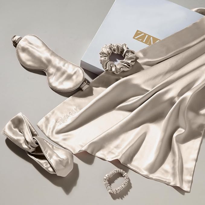 ZIMASILK 22 Momme Silk Pillowcase for Hair and Skin - 100% Pure Mulberry Silk with Hidden Zipper, Gift Box, Comes with Pillowcase Mask Headband Scrunchies (Queen 20"x30", Light Beige)