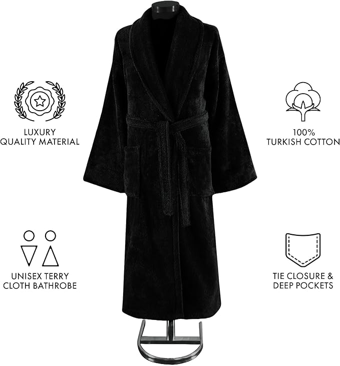 Classic Turkish Towels CTT - Luxury 100% Turkish Cotton Terry Cloth Bath Robe for Women & Men, 400 GSM Soft & Plush Long Robe