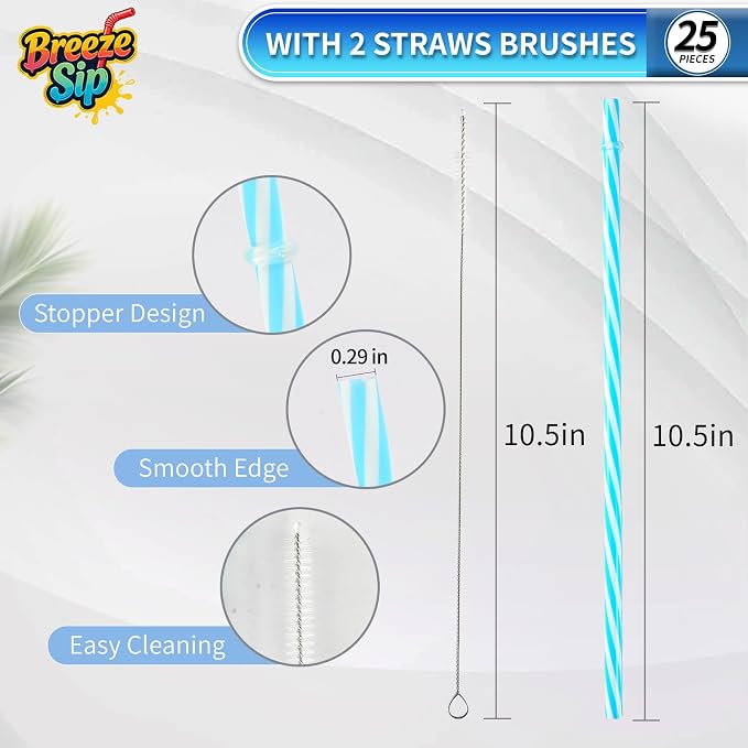 25 Pieces Reusable Plastic Straws with 2 Cleaning Brushes, BPA-Free 10.5" Long 0.29" Diameter, Colorful Hard Drinking Straws for 16-32 oz Tumblers and Mason Jars