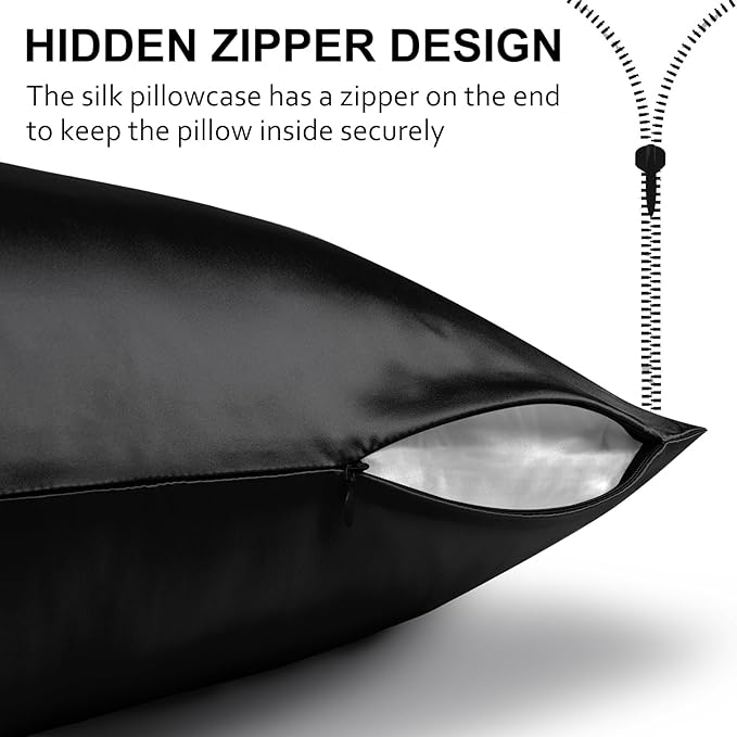 Ravmix Silk Pillow Cases with Zipper, 21momme Mulberry Silk Pillowcase for Hair Skin Health, Soft Smooth Breathable Cool Pillow Cover for Beauty Sleep with Gift Box 1PC(Queen 20"x30", Black)