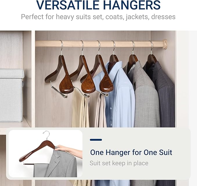 Amber Home 6 Pack Wide Shoulder Wooden Suit Hangers, Retro Wood Coat Hangers with Non Slip Locking Bar, Clothes Hangers for Jackets, Sweaters, Pants & Heavy Clothes (Retro)