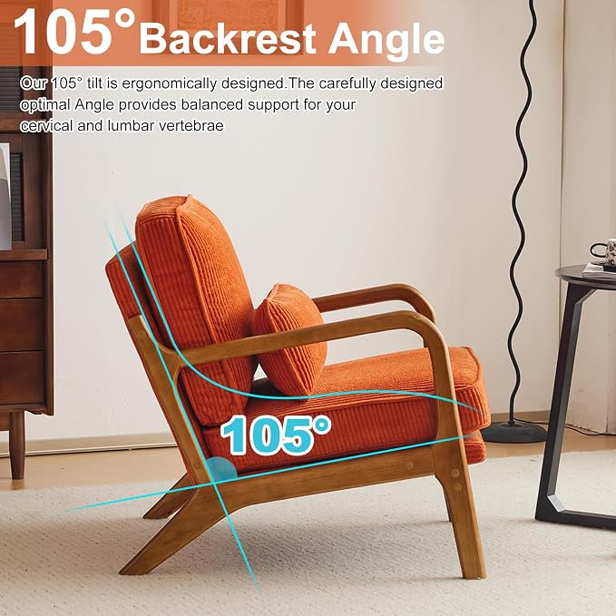 Karl home Mid-Century Modern Accent Reading Chair, Orange | Corduroy Upholstered, Solid Wood Frame, Soft Cushion, Lumbar Pillow, Lounge Armchair for Living Room, Bedroom, Balcony, Study