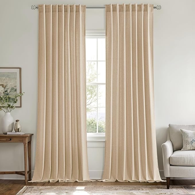MIULEE Non-See-Through Privacy Linen Curtains 2 Panels, Light Filtering Window Curtains Farnhouse Textured Back Tab Semi Sheer Drapes for Bedroom Living Room, 52 x 96 Inches Long, Light Brown