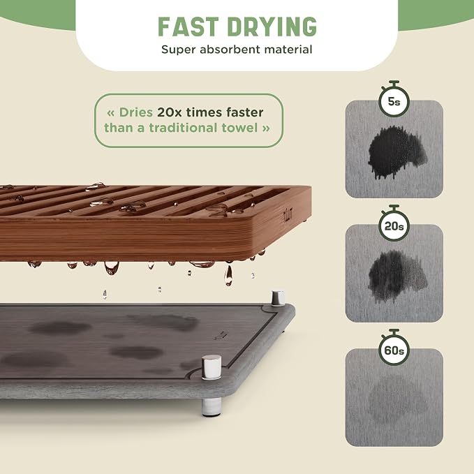 NIUM Stone Drying Mat for Kitchen Counter & Bamboo Rack - 16″x12″ | Diatomaceous Earth Dish drying mat Ultra Absorbent & Fast Drying - EcoFriendly with Non-Slip Pads & Anti-Moisture Design