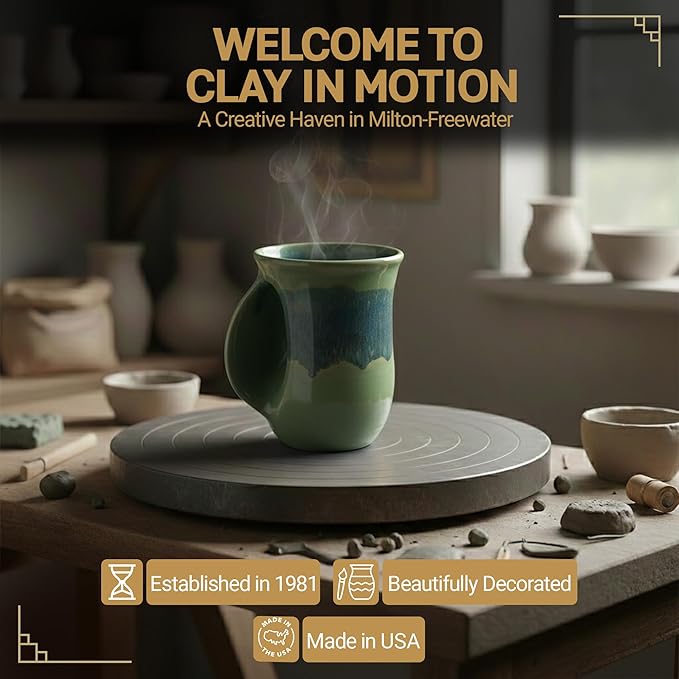 Clay in Motion Hand Warmer Coffee Mug – Handmade Coffee Mug With Comfortable Handle Contoured Pocket Hand Warming Ceramic Coffee Mug – Proudly Made in USA – Left Handed – 14 Oz - Misty Green