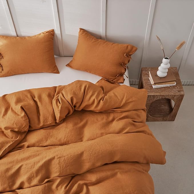 Simple&Opulence 100% Linen Duvet Cover Set 3pcs with Bowknot Ties Closure Natural French Washed Flax Solid Color Soft Breathable Farmhouse Bedding - Rust, Queen Size