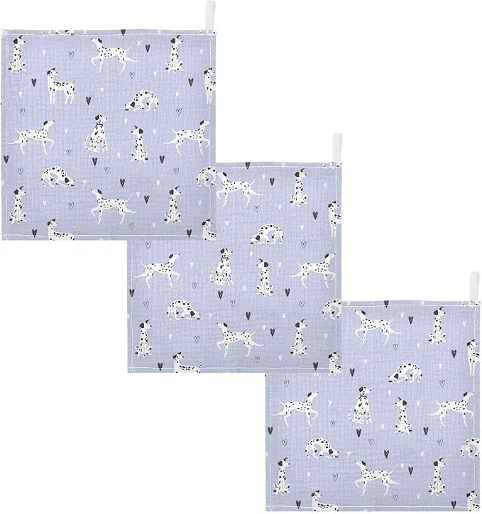 Baby Cartoon Dalmatian Dogs Muslin Washcloths 3 Pack - Muslin Burp Cloths Hanky Large 11.8"X11.8" Extra Soft Absorbent Baby Burp Rags for Newborn 100% Cotton for Boys Girls Gift