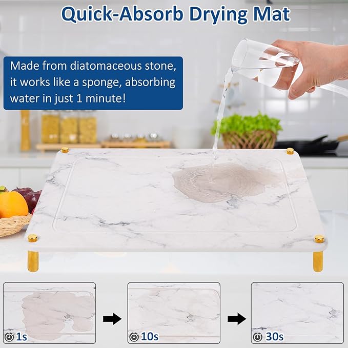 Stone Dish Drying Mat for Kitchen - 3Pcs Stone Drying Mats, Water Absorbing Quick Dry Coffee Tray, Diatomaceous Earth Dish Pad for Sink Counter, Large & Small Multi-Purpose Bottle Rack, Ivory-Marble