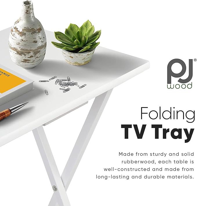PJ Wood Conventional Solid and Sturdy Wood Construction Portable Folding TV Snack Tray Table Desk Serving Stand, White (4-Piece Set)