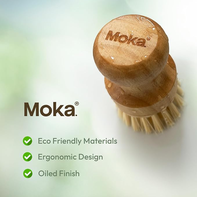 Moka Bamboo Dish Brush - Eco Friendly Scrub Brush with Natural Bristle - Premium Bamboo Dish Scrubber for Kitchen Cleaning, Dishes, Pots, and Pans - Sustainable and Durable (Single Brush)