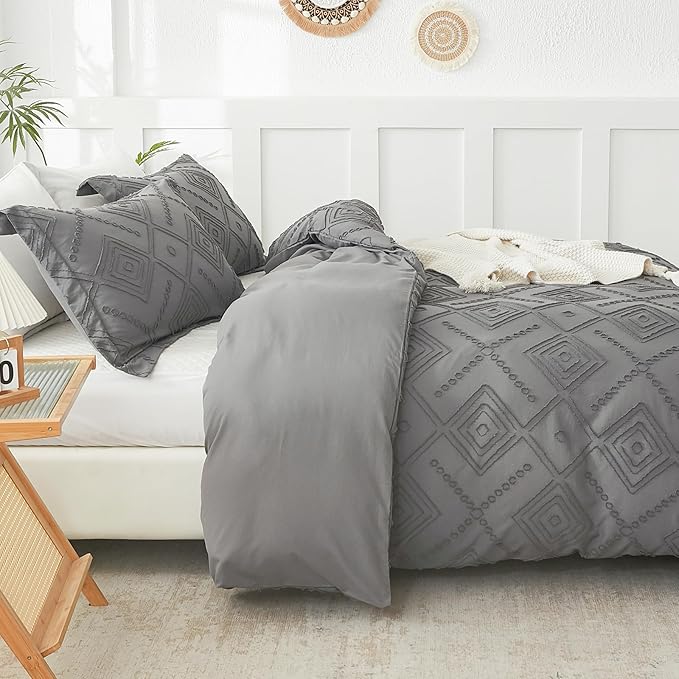 EMME Duvet Cover Queen Size, Boho Tufted Comforter Cover, 3 Pieces Embroidery Chic Bedding Set for All Seasons, 1 Duvet Cover + 2 Pillowcases (Dark Grey, Queen)