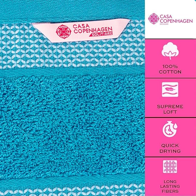CASA COPENHAGEN Solitaire 6Pcs 100% Egyptian Cotton Large Designer Towels Gift Set- Teal, 600GSM, 2Bath 2Hand 2Washcloths, Bath Towels for Bathroom Set for Women & Men