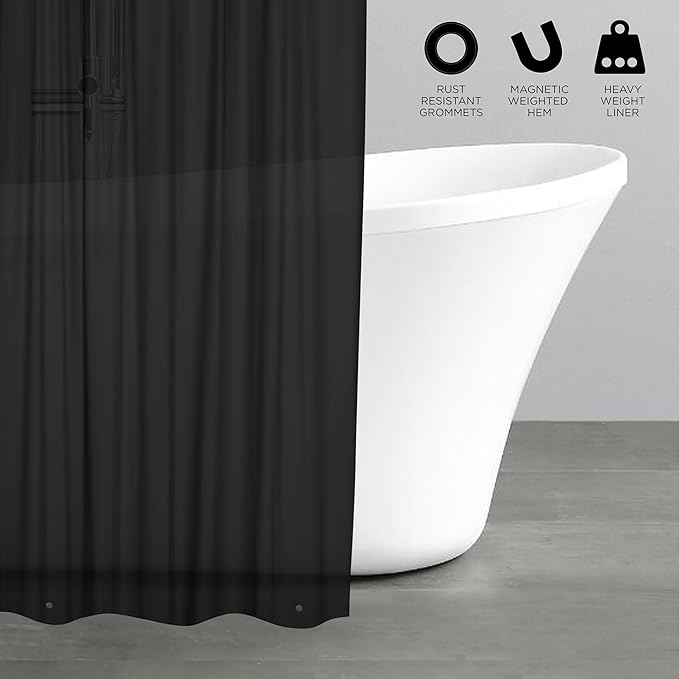Bath Bliss Heavy Shower Curtain Liner, 12 Rust Resistant Metal Grommets, 3 Weighted Magnet Hem, Black