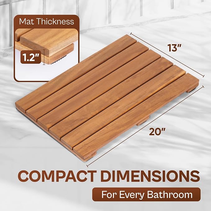 Wooden Shower Mat 13×20 in – Solid Acacia Wood Bath Mat, Non-Slip Feet, Slatted Fast-Drainage Design – Spa, Bathroom & Outdoor Use (Acacia)
