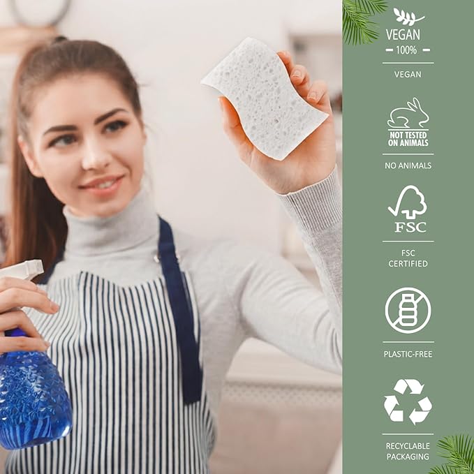 Isshah Plant-Based Natural Kitchen Sponges for Dishes- FSC Certified and PETA Approved, 12 Count
