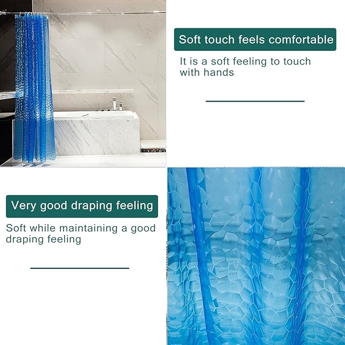 EVA Blue Shower Curtain Liner, 3D Water Cube 5G Shower Liner with 12 Rustproof Metal Grommets and Weighted Magnets, Waterproof Duty for Bathroom 72 x 72