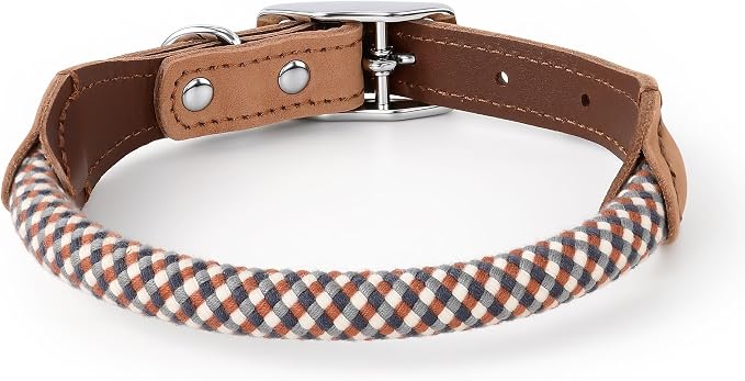Mile High Life Genuine Leather Dog Collar, Durable Braided Cotton Rope Collar with Metal Pin Buckle for Small Medium Large Dogs (Brown Plaid, L Neck 17"-21")
