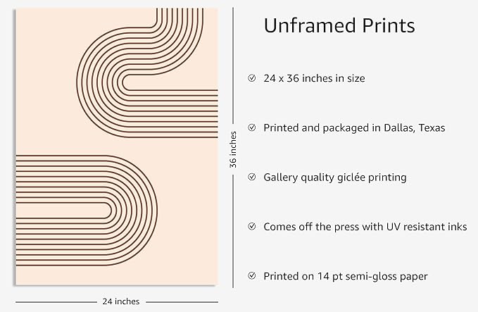 Y2K BOO Abstract Double Wavy Arch UNFRAMED Wall Art Minimalist S-Shape Lines Earth Tones Terracotta Brown 24x36 Inch Heavyweight Paper Boho Geometric Studio Decor