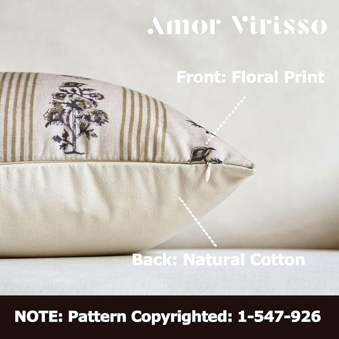 Amor Virisso Floral Throw Pillow Covers 18x18 Set of 2 Block Print Pillow Covers Neutral Floral Striped Farmhouse Decorative Pillow Covers for Sofa Couch Bed, Yellow