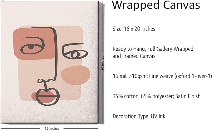 Y2K BOO Abstract Face Wrapped Canvas Wall Art Continuous Line Drawing Organic Shapes Earth Tones Terracotta 16x20 Inch Gallery Stretched Modern Home Wall Art