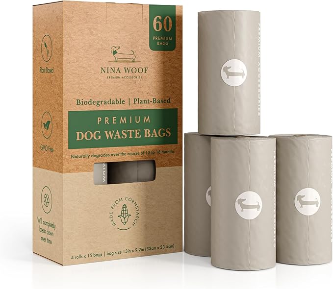 100% Certified Home Compostable and Biodegradable Dog Poop Bags - ASTM D6400 & EN 13432 Compliant Dog Waste Bags – 60 Bags – 4 x Rolls of Plant Based Compostable Poop Bag