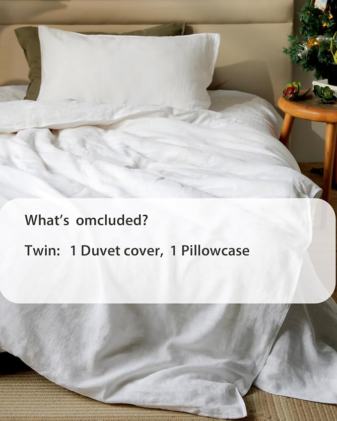 XZ XIFA White Linen Duvet Cover Twin, 100% Washed French Flax Linen Bedding Set with Zipper Closure, Cooling & Textured Bed Sets for Hot Sleepers(1 Duvet Cover, 1 Pillowcases)