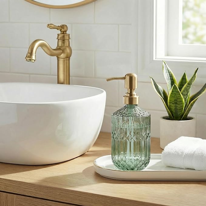2-Pack Green Hand Soap Dispenser with Gold Stainless Steel Pump, Refillable Glass Soap Dispenser for Bathroom, Vintage Kitchen Soap Dispenser for Liquid Hand Soap, Lotion, Body Wash (14 OZ)