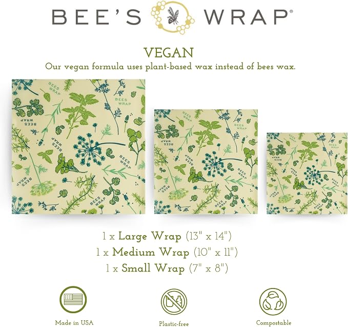 Bee's Wrap Vegan Beeswax Wraps for Food - 3 Pack of Assorted Beeswax Wraps - Small, Medium & Large Wrap - Plastic Free Made in USA Reusable Natural Food Wrap - Herb Garden Print