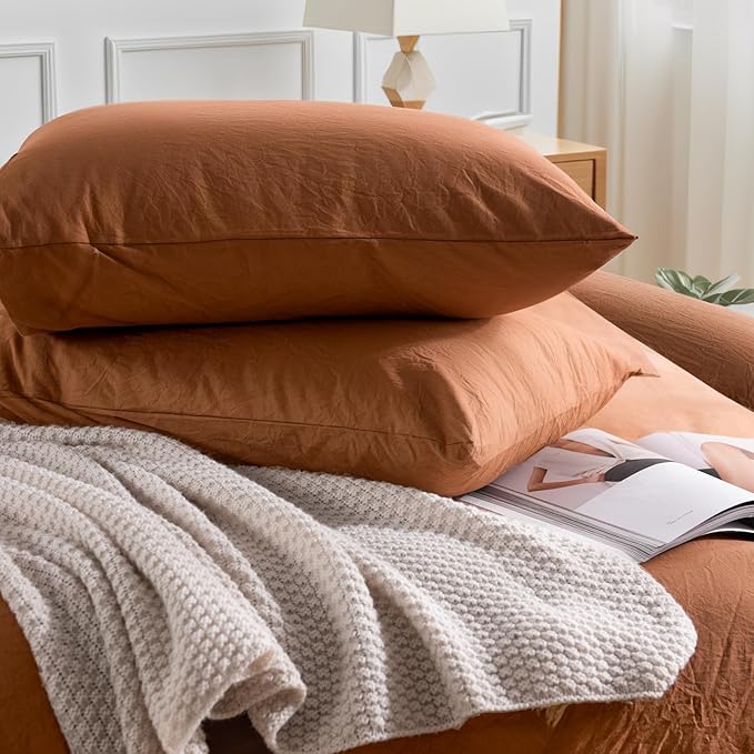 NEXHOME PRO Duvet Cover Set 100% Washed Cotton Full Size Linen Feel Textured Organic Natural 3 Pieces Bedding Set Terracotta Burnt Orange with Zipper Closure, Corner Ties Breathable (No Comforter)