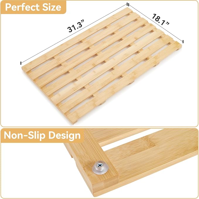 Bamboo Bath Mat for Tub, Non Slip Bath Mat for Shower, Waterproof Wood Bath Mat for Tub, Shower, Swimming Pool, Indoor ＆ Outdoor (31.3"*18.1")
