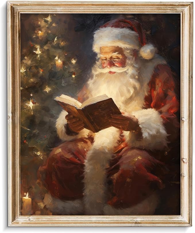 Vodefoad Vintage Christmas Claus Wall Art Santa Claus Reading Book Xmas Oil Canvas Prints Cottagecore Decor Academia Xmas Decor Winter Print for Holiday Christmas Dec - 8x10Inch Unframe