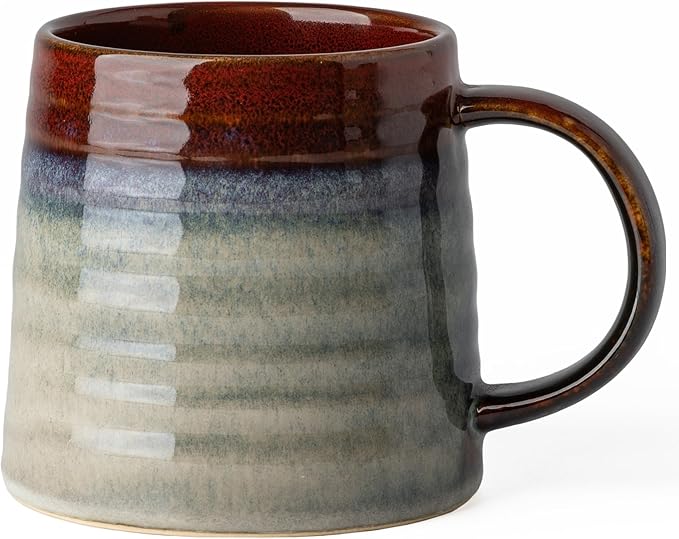 15.5 Oz Large Reactive Glaze Ceramic Mug, Heavy Weighted Stoneware Coffee Cup, Wide Base, Thick Wall Big Tea Cup with Custom Package Box, Microwave & Dishwasher Safe (Black Red)