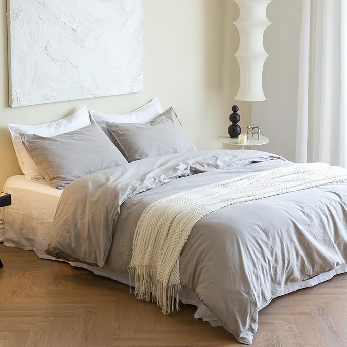 BISELINA French Linen Duvet Cover Set 3pcs with Hidden Zipper Closure Natural Flax Cotton Blend Solid Color Soft Breathable Luxury Farmhouse Bedding -Full Size, Grey