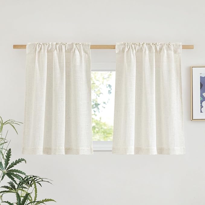 NICETOWN Cafe Curtains 30 inch Length, Rod Pocket & Back Tab Natural Linen Blend Privacy with Light Filtering Short Window Treatments for Kids Room, W29 x L30, 2 Panels