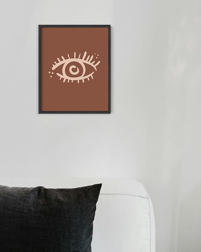Mystical Evil Eye Wall Art Nazar Protection Symbol Earth Tones Terracotta Mid Century Modern 8x10 Inch Oak Wood Black Framed Boho Spiritual Decor Print for Home
