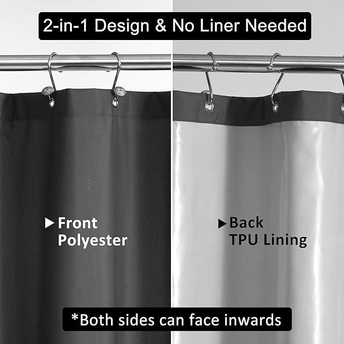 N&Y HOME Ultimate Waterproof Fabric Shower Curtain or Liner with Weighted Magnets, Dark Grey Shower Curtains for Bathroom with Breathable TPU & Machine Washable Polyester, Graphite Gray, 72"x72"