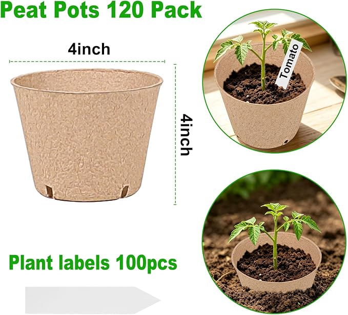 JNYONG 120 Packs 4 Inch Peat Pots,Biodegradable Pots for Seedlings with Drainage Holes, Garden Germination Nursery Pots with100Pcs Plant Labels