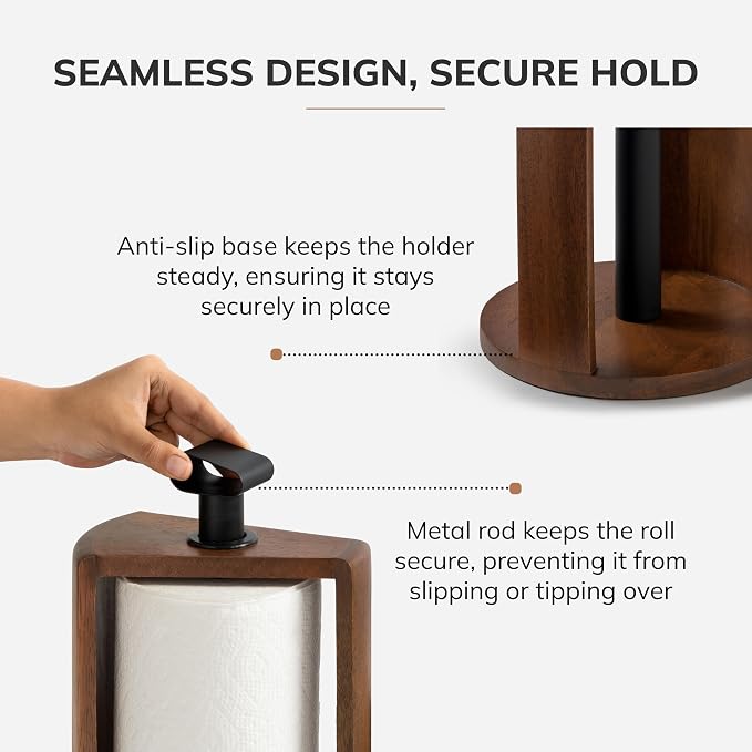 Anji Mountain Wooden Paper Towel Holder with Iron Holder, Holder Stand for Kitchen Roll Organizer & Kitchen Dining Table Home Décor, Countertop Fits Jumbo & Mega Rolls - Walnut/Black, Top Load