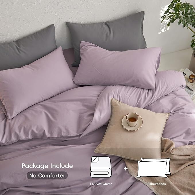 MooMee Queen Duvet Cover Set, 100% Washed Cotton Linen Like Twill Thick Sturdy Material Super Soft Breathable Durable Bedding for All Season, 3 Pieces (Lavender, Queen 90"x90")