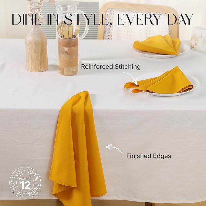 Cloth Napkins Set of 12, 100% Cotton Fabric Reusable Dinner Napkins, 18 x 18 Inch Washable Table & Kitchen Napkins for Everyday Dining, Entertaining, Home & Restaurant Use, Golden Yellow